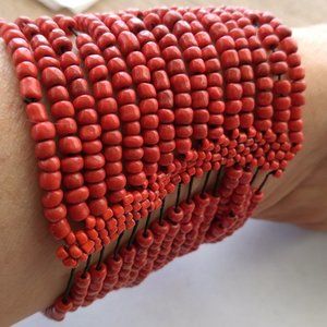 Red beaded Bangle multi color elastic stretch costume bracelet handmade pair